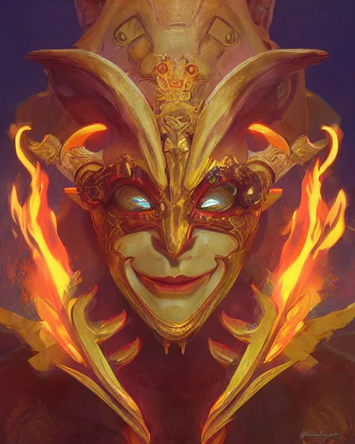 Image similar to happy mask salesman from zelda, full body photo, flames everywhere, highly detailed, digital painting, artstation, concept art, smooth, sharp focus, illustration, art by artgerm and greg rutkowski and alphonse mucha