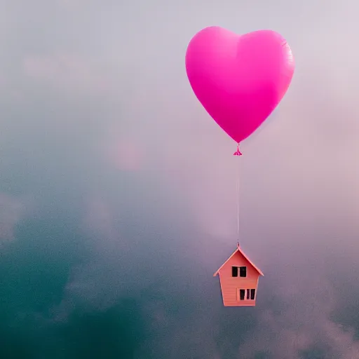 Image similar to a 5 0 mm lens photograph of a cute pink floating modern house, floating in the air between clouds, inspired by the movie up, held up from above by a heart - shaped ballon. mist, playful composition canon, nikon, award winning, photo of the year