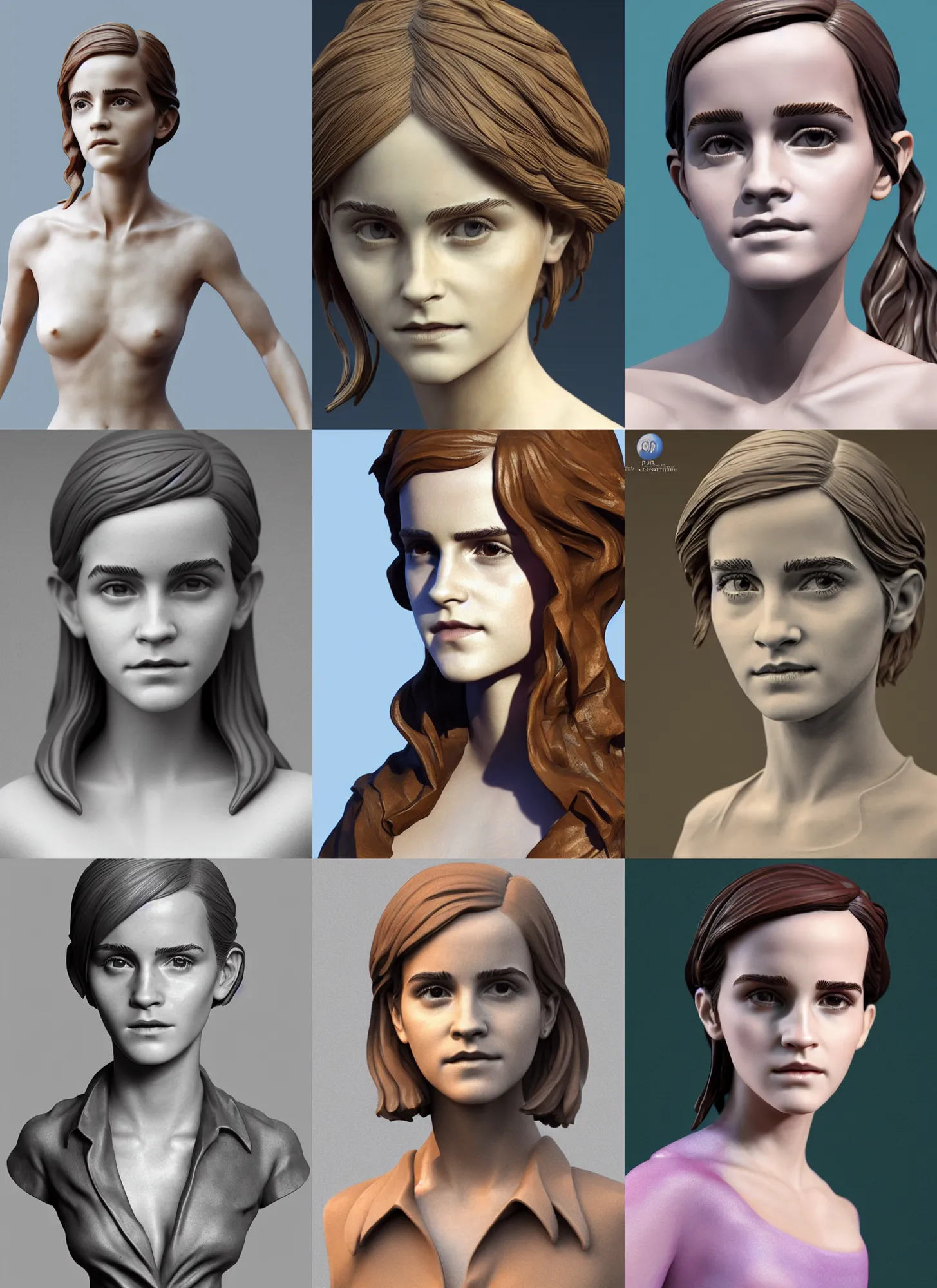 Prompt: 3D resin miniature sculpture of Emma Watson by Jean-Baptiste Carpeaux and Luo Li Rong, prefect symmetrical face, summertime, colorful, full body shot, academic art, realistic, 8K, Product Introduction Photo, Hyperrealism. Subsurface scattering, raytracing, Octane Render, Zbrush, simple background