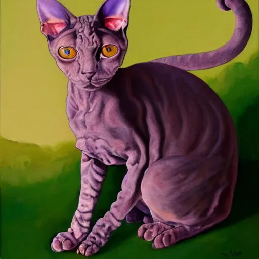 Image similar to painting of a devon rex, cornish rex cat glowing in the moonlight looking curious