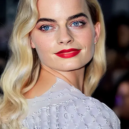 Image similar to a woman who is a genetic combination of margot robbie and emma watson face and upper - body focus