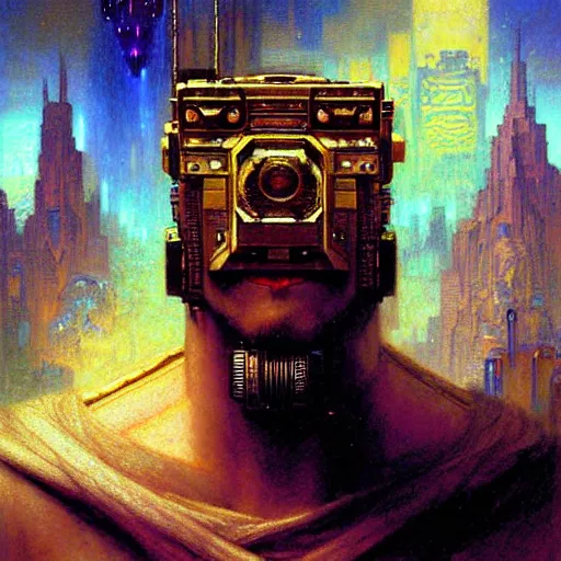 Image similar to portrait of a cubehead. shadowrun furaffiniy cyberpunk fantasy highly detailed painting by gaston bussiere craig mullins jc leyendecker gustav klimt artgerm greg rutkowski john berkey, bergey, craig mullins, ruan jia, raymond swanland, jeremy mann, tom lovell, alex malveda