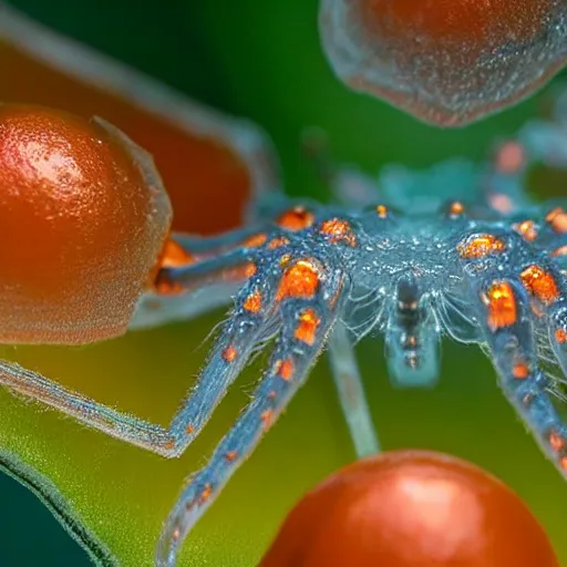 Image similar to high quality close-up photo translucent gelatinous spiders! gorgeous highly detailed hannah yata elson peter cinematic orange lighting high quality low angle hd 8k sharp shallow depth of field