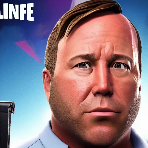 Image similar to alex jones as a fortnite character, video game footage