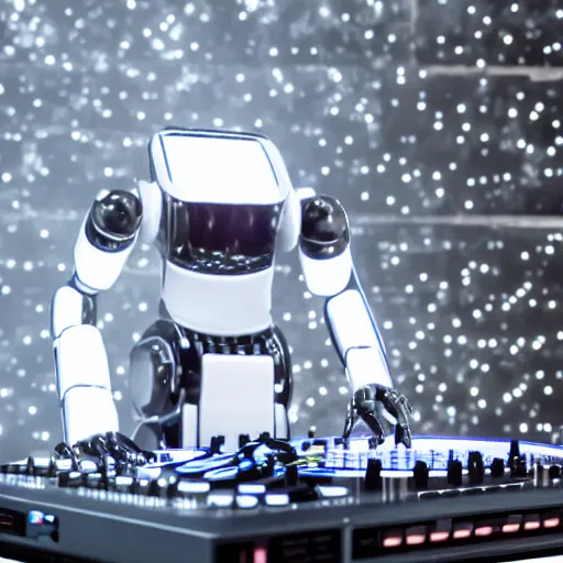 Image similar to futuristic robot dj made of white reflective plastic at a techno music club, very detailed, intricate