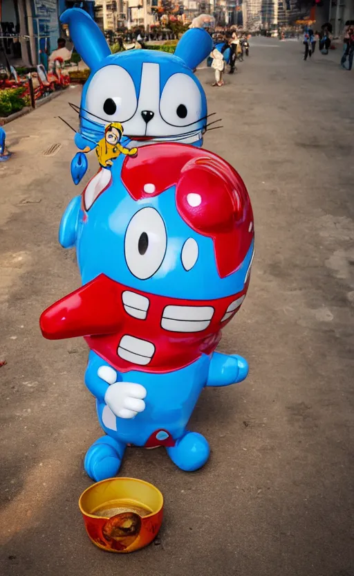 Image similar to a < 3 d plastic doraemon > melting in the heat outdoors, shanghai in the background, heat wave, fierce sunlight, digital art, high definition photo, 8 k