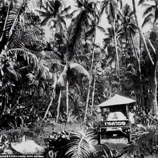 Image similar to a rizom lost film footage of a 3 d volume in the middle of the tropical jungle / tropicalism / tropicalism / tropicalism / film still / cinematic / enhanced / 1 9 2 0 s / black and white / grain