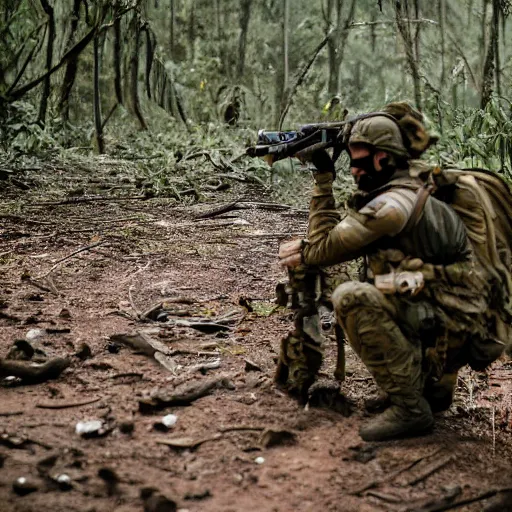 Image similar to close up CSAT Viper Special Forces fighting devastated burning exploding jungle combat photography 2022, Canon EOS R3, f/1.4, ISO 200, 1/160s, 8K, RAW, unedited, in-frame,