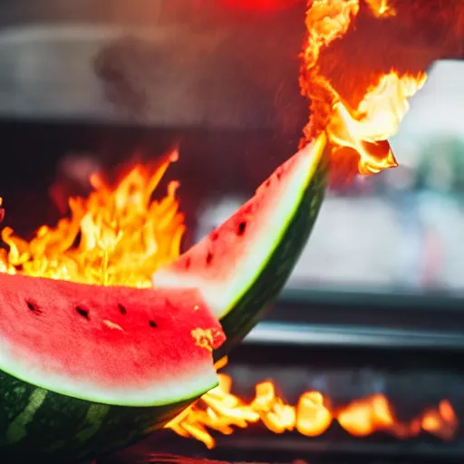 Image similar to photo of a watermelon on fire in a bar