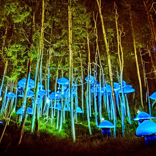 Prompt: blue glowing jello mushrooms in a mystical forest, firefly exposure trails in foreground
