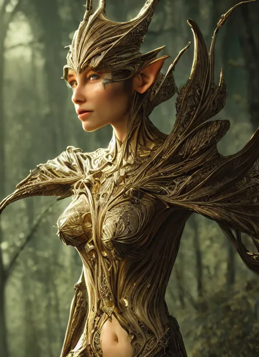 Image similar to stunning biomechanical impish elven incredible hair, masterpiece crystalline incrustations, hyperdetailed face, elegant pose, movie still, intricate, octane render, cinematic forest lighting, cgsociety, unreal engine, crepuscular rays, god rays