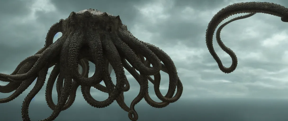 Image similar to a giant octopus tentacle hanging from the clouds over a rain forest, still from the movie the arrival, 8k