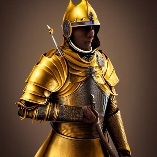 Image similar to a highly detailed knight in a T golden helmet and a golden crown with a blue diamond in the center, golden armor, leather clothes under the armor, leather gloves, holds a black sword, artstation, DeviantArt, professional, octane render, sunset lighting