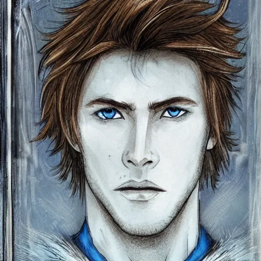 Prompt: A stain glassed window of a handsome knight with blonde hair and blue eyes crying