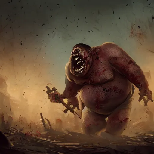 Image similar to angry extremely fat obese giant zombie woman, full body portrait, with clothese, horror core, apocalyptic, feeling of grimdark, sharp focus, fiction, hyper detailed, digital art, trending in artstation, cinematic lighting, studio quality, smooth render, unreal engine 5 rendered, octane rendered, art style and nixeu and wlop and krenz cushart