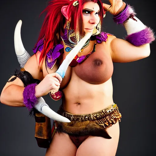 Image similar to female tauren from world of warcraft, cosplay, photoshoot, studio lighting, photograpy by Bruce Weber