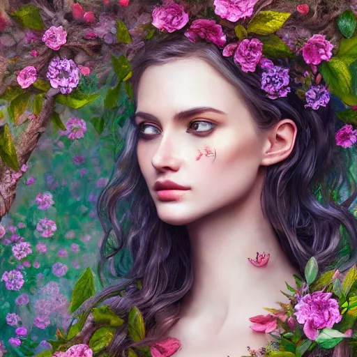 Prompt: a picture of a beautiful woman clothed in flowers and leaves standing in an enchanted forest, high fantasy, elegant, epic, detailed, intricate, digital painting, concept art, realistic detailed face, smooth, focus, rim light, detailed 8 5 mm f / 1. 4, anamorphic lens
