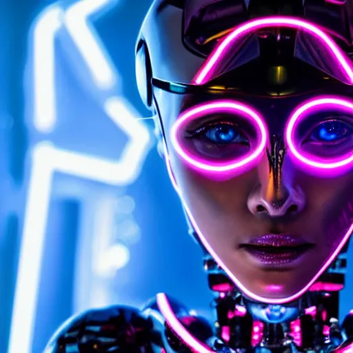 Image similar to a highly detailed, high definition, head to shoulder portrait of a female cybernetic humanoid friendly robot facing the camera, futuristic neon lit background, studio lighting
