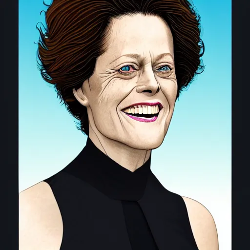 Image similar to sigourney weaver, smiling, happy, beautiful, intelligent, powerful, white hair, loving eyes, fully clothed, wise, beautiful, dramatic lighting, sharp focus, by stanley artgerm, dramatic lighting, trending on artstation, flat colour, geometric curves, gradient filter, art deco patterns
