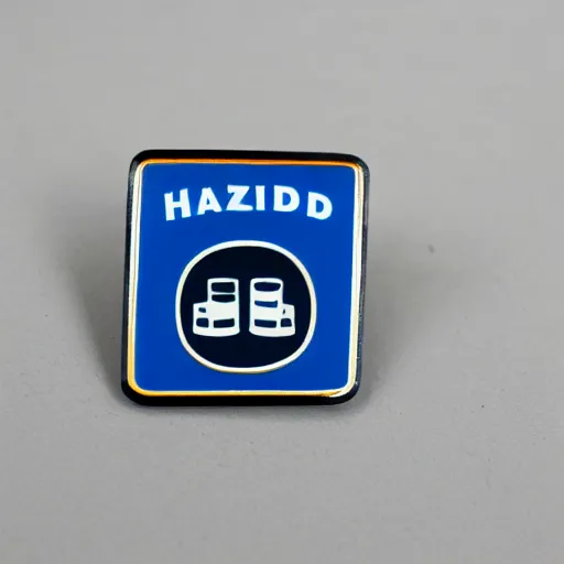 Image similar to a square enamel pin of a hazard label, smooth curves