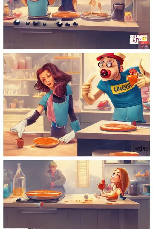 Image similar to kylie minogue making pancakes, animation pixar style, by pendleton ward, magali villeneuve, artgerm, rob rey and kentaro miura style, golden ratio, trending on art station