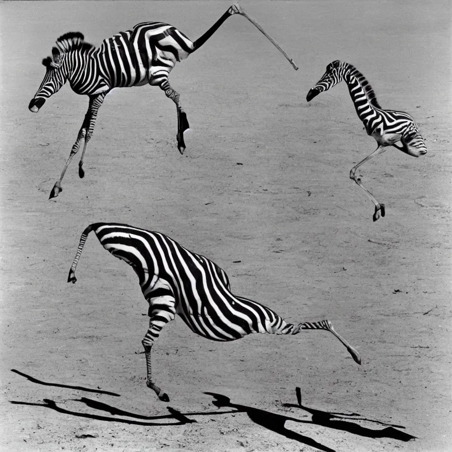 Prompt: photograph by diane arbus, a tall zebra jumping over a short flamingo