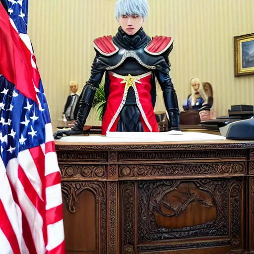 Image similar to a person cosplaying griffith from berserk manga by kentaro miura sitting at oval office desk with american flag