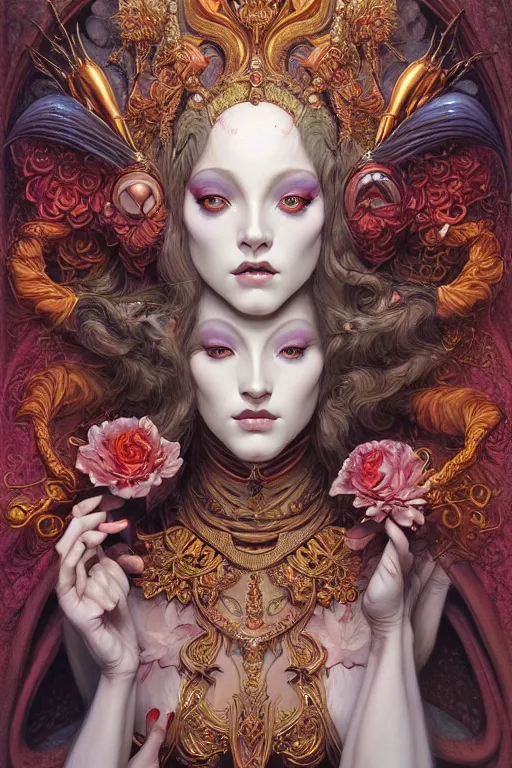 Image similar to symmetrical painting, a beautiful female god in dress, pretty, perfect face, elegant, ornate, luxury, elite, matte painting, by artgrem, by james jean, by brian froud, by wayne barlowe