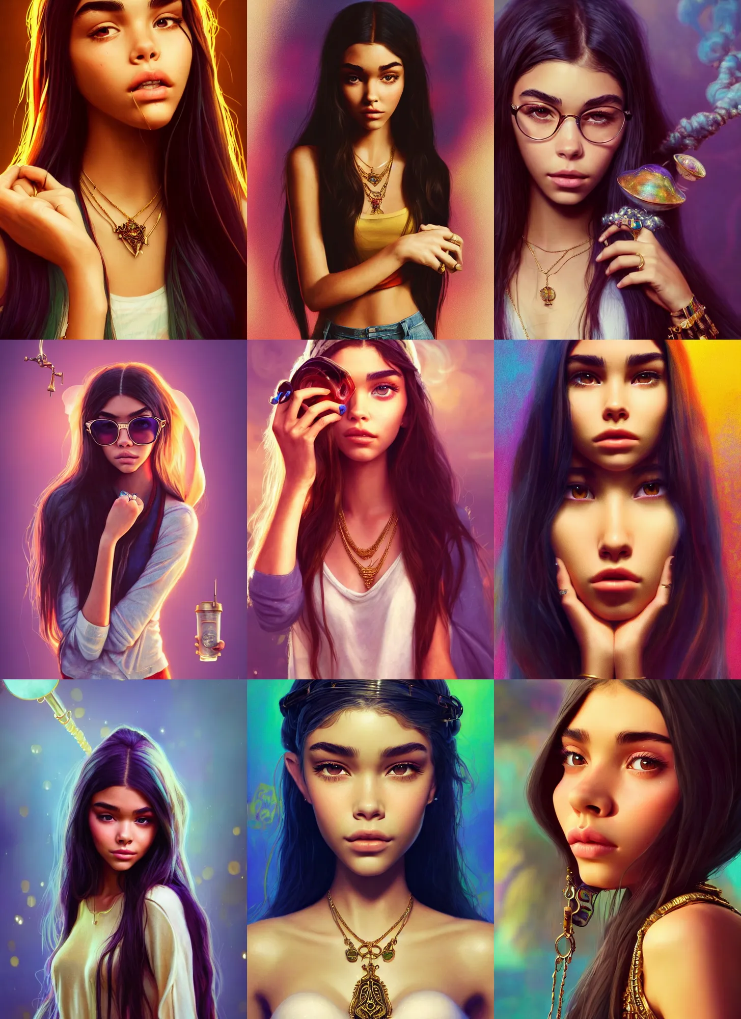 Prompt: madison beer as a hipster stoner | jewelry | glamorous oily soft polished rich alluring ornate modern | weta disney pixar movie still photo | hi - fructose, sci fi fantasy, golden ratio, smooth, octane render, sharp focus, artstation, concept art | rhads, artgerm, mucha |