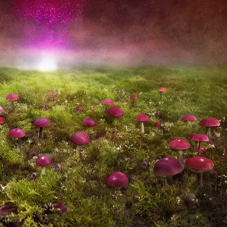 Image similar to a planet of various fungus, mushrooms, flowers and plants, inside the picture is infinity, Atmospheric, artistic photography, conceptual, long exposure outside the city, volumetric light