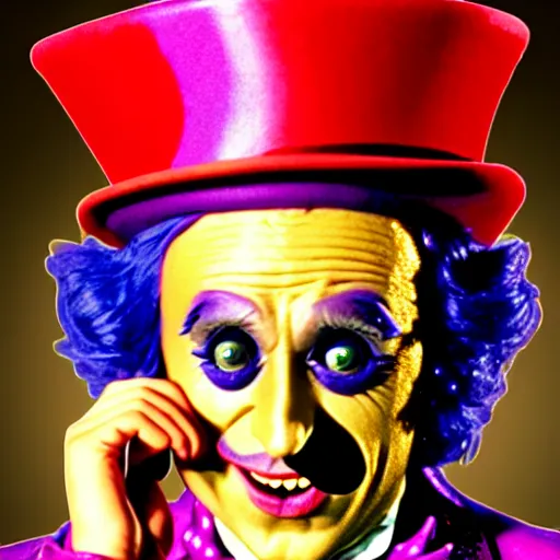 Prompt: uhd photorealistic willy wonka as an insane magician, wearing bizarre makeup, correct face, uhd hyperdetailed