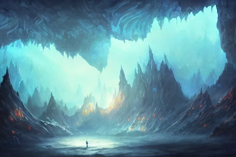 Image similar to glowing crystal cave, fantasy art in the style of Anato Finnstark, HD wallpaper, concept art, trending on art station