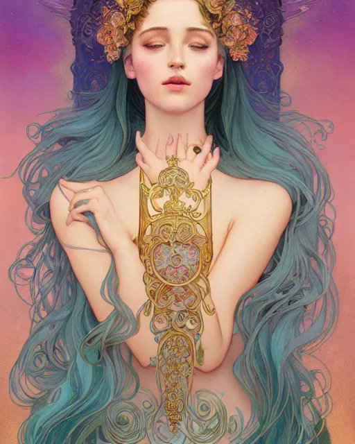Prompt: an ethereal goddess with turquoise hair | highly detailed | very intricate | art nouveau | gold filigree | romantic storybook fantasy | soft cinematic lighting | award - winning | disney concept art watercolor illustration by mandy jurgens and alphonse mucha and alena aenami | pastel color palette | featured on artstation