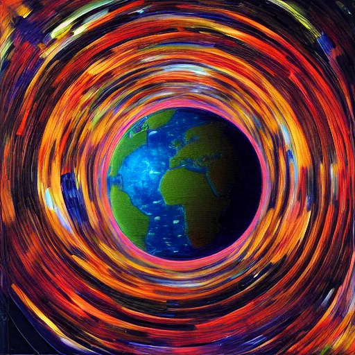 Image similar to view from space, colorful rubber - band - ball planet, oil on canvas, portrait, intricate, 8 k highly professionally detailed, hdr, cgsociety