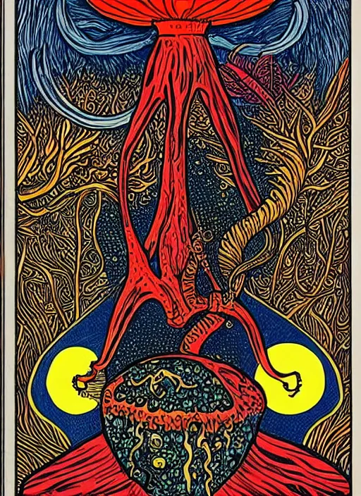 Image similar to tarot card designed by charles burns, painted with oil paint, depicting amanita muscaria, ritual, dmt space, intricate, ornate