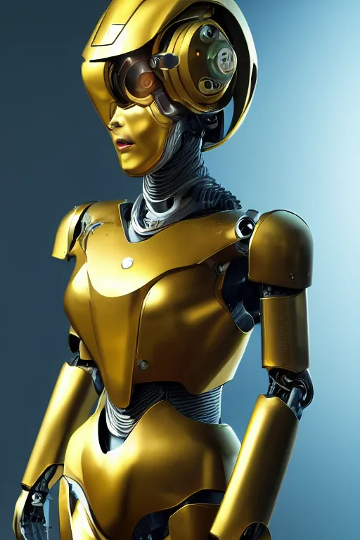 Image similar to maria of metropolis, humanoid robot, golden full body armor, beautiful helmet in the shape of a face, cyborg eyes glowing yellow, scifi, futuristic, raytracing, glowwave, sharp focus, cinematic lighting, artstation, divine, unreal engine 5 rendered, by fritz lang, art style by pixar warner bros dreamworks disney riot games and overwatch