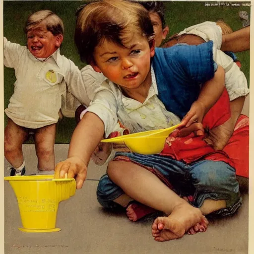 Image similar to children pouring yellow lemonade on Donald trump laying down, mannerism, norman Rockwell,