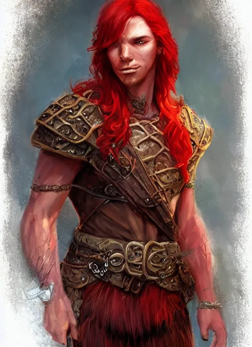 Image similar to red hair male, ultra detailed fantasy, dndbeyond, bright, colourful, realistic, dnd character portrait, full body, pathfinder, pinterest, art by ralph horsley, dnd, rpg, lotr game design fanart by concept art, behance hd, artstation, deviantart, hdr render in unreal engine 5