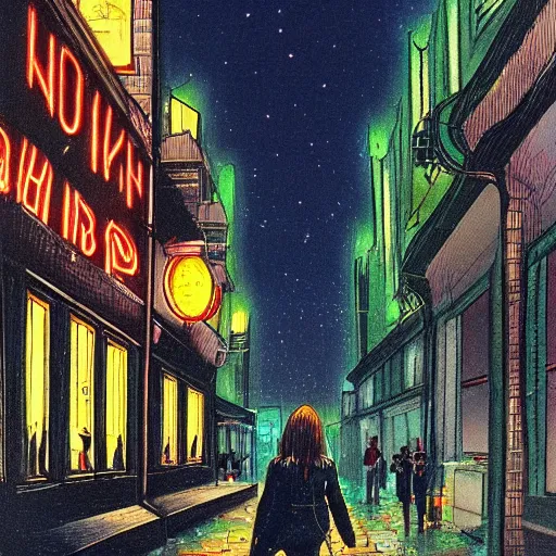 Image similar to girl in leather jacket walking down rainy city street at night, surreal, artwork by Ralph Bakshi