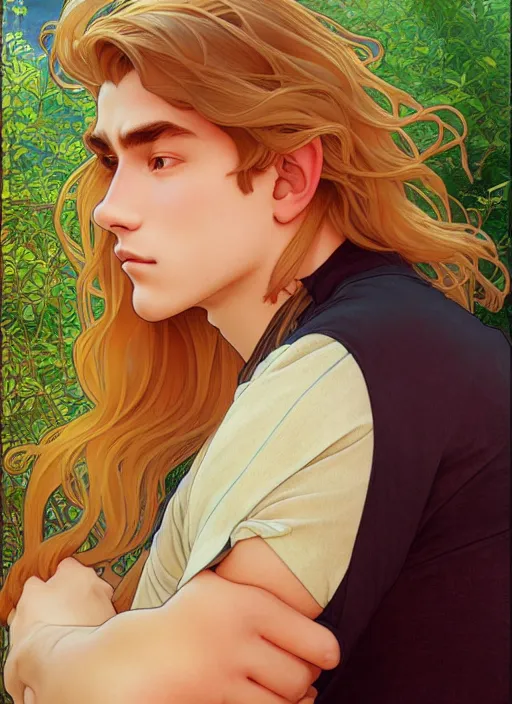 Image similar to pretty young man with shoulder length shiny shimmering golden blond hair, path traced, highly detailed, high quality, digital painting, by studio ghibli and alphonse mucha, leesha hannigan, disney