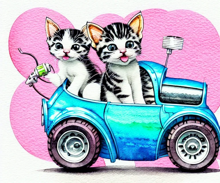 Image similar to cute and funny, kitten wearing a helmet riding in a tiny hot rod with an oversized engine, ratfink style by ed roth, centered award winning watercolor pen illustration, isometric illustration by chihiro iwasaki, edited by range murata, tiny details by artgerm and watercolor girl, symmetrically isometrically centered, sharply focused