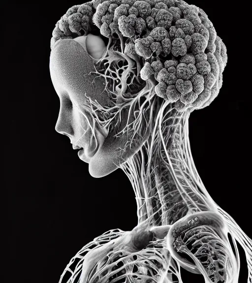 Image similar to dark background, a black and white high quality dreamy photo of a young beautiful female queen-vegetal-cyborg bust with a very long neck and delicate Mandelbrot fractal face, anatomical, facial muscles, veins, arteries, elegant, highly detailed, flesh highly baroque ornate, hair are curled wired cables, elegant, poetic, soft, dreamy, mysterious, high fashion, rim light, in the style of Ellen von Unwerth, Realistic, Refined, Digital Art, Highly Detailed, Cinematic Lighting, rim light, black and white, photo-realistic, 8K