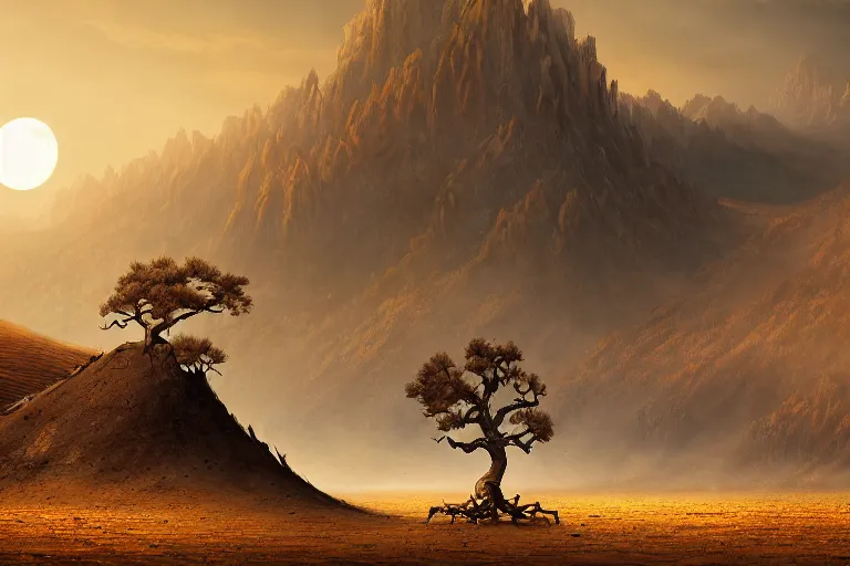 Image similar to cinematic fantasy landscape painting of a desert valley of bones, an eclipse, over an autumn maple bonsai growing alone, on a desolate sand dune in front of a primordial mountainous desert landscape of bones by and jessica rossier