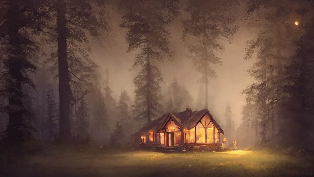 Image similar to small wooden cottage in the forest at night, smoke coming out of the chimney, nocturnal, redwood trees, peaceful, river running past the cottage, a wooden rowing boat, galaxy in the night sky, by charlie bowater, by greg rutkowski