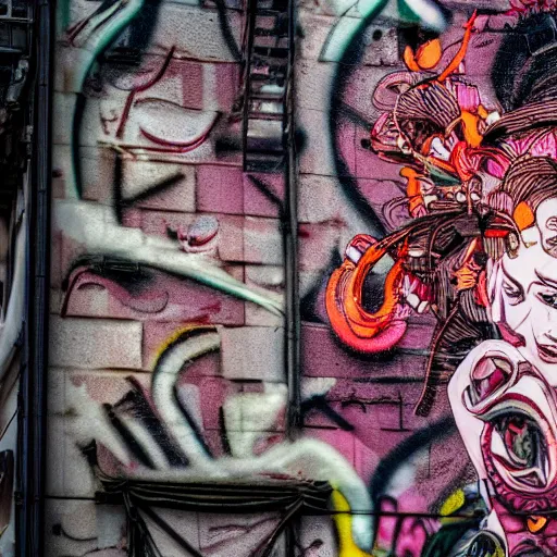 Prompt: high definition photograph shot with canon ef - s 5 5 - 2 5 0 mm f / 4 - 5. 6, low focal point : ( subject = graffiti on a wall of highly detailed baroque cyberpunk shamaness, by katsuhiro otomo + subject detail = background color splatters )