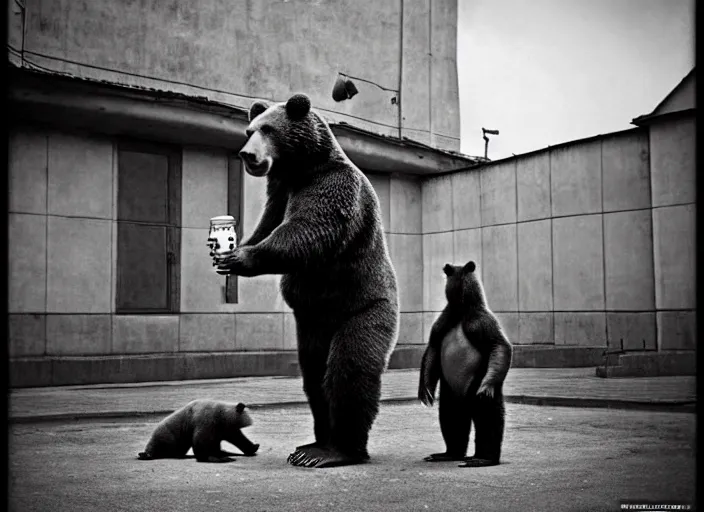 Image similar to gopnik drinking cheap beer with a bear, soviet exterior, symmetrical, cinematic, real photography