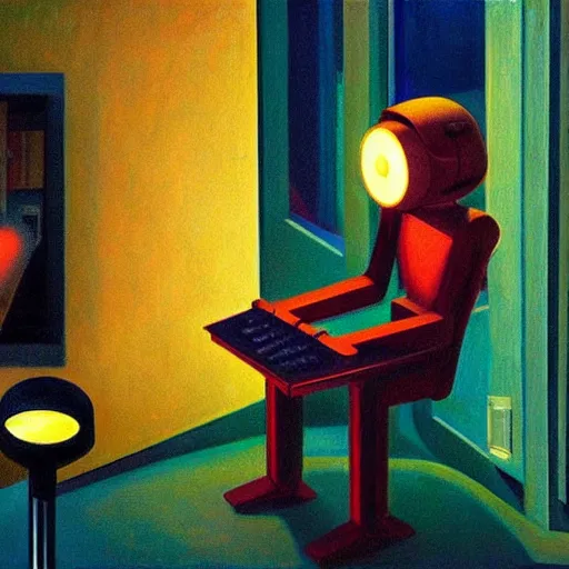 Image similar to a mesmerized robot staring at a computer screen, beams coming out of glowing eyes, portrait, pj crook, grant wood, edward hopper, syd mead, chiaroscuro, oil on canvas