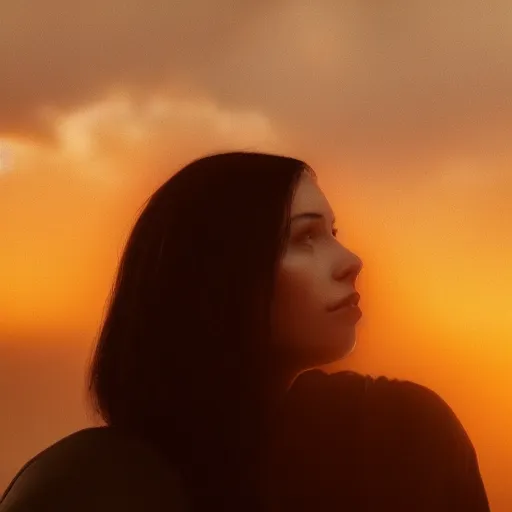 Image similar to aesthetic photo of a woman looking up with a sad expression at sunset, dslr, award winning, 8 k, octane beautifully detailed render, warm mood, cinematic lighting, detailed photo, masterpiece, volumetric lighting, ultra realistic, highly detailed, high quality, lossless, photorealistic, sharp focus, hd