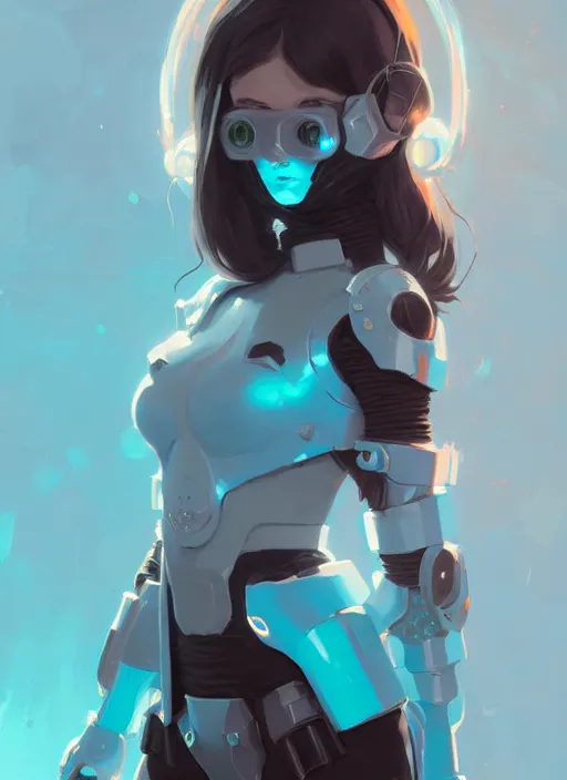 Image similar to portrait of cute goth girl in cyber armor, warhammer, by atey ghailan, by greg rutkowski, by greg tocchini, by james gilleard, by joe fenton, by kaethe butcher, dynamic lighting, gradient light blue, brown, blonde cream and white color scheme, grunge aesthetic