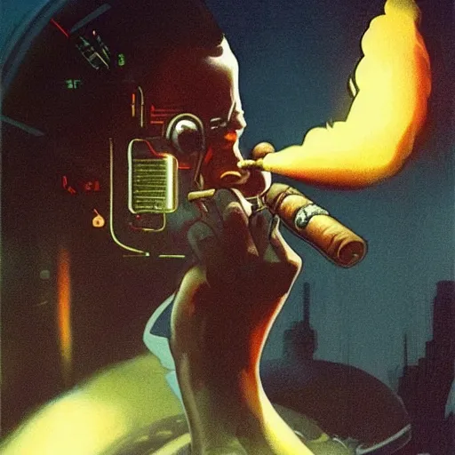 Prompt: An android smoking a cigar in a cyberpunk setting by Frank Frazetta, Trending on Artstation, 1980s computer graphics,